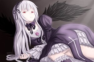 Rating: Safe Score: 0 Tags: 1girl black_wings detached_collar dress frills hairband image joints lolita_fashion long_hair long_sleeves looking_at_viewer lying red_eyes ribbon silver_hair solo suigintou wings User: admin