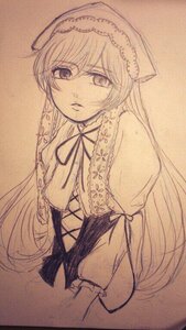 Rating: Safe Score: 0 Tags: 1girl bangs dress eyebrows_visible_through_hair frills graphite_(medium) hair_between_eyes image long_hair looking_at_viewer monochrome neck_ribbon parted_lips puffy_sleeves ribbon simple_background solo suiseiseki traditional_media upper_body very_long_hair User: admin