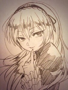 Rating: Safe Score: 0 Tags: 1girl bangs closed_mouth dress eyebrows_visible_through_hair frilled_sleeves frills graphite_(medium) hair_between_eyes hairband image long_hair long_sleeves looking_at_viewer monochrome simple_background smile solo suigintou traditional_media upper_body User: admin