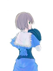 Rating: Safe Score: 0 Tags: 1girl blush brown_hair capelet green_eyes image looking_back short_hair solo souseiseki striped User: admin