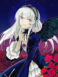 Rating: Safe Score: 0 Tags: 1girl black_dress black_wings dress feathered_wings finger_to_mouth flower frills gothic_lolita hairband image index_finger_raised lolita_fashion long_hair long_sleeves looking_at_viewer pink_eyes puffy_sleeves red_flower red_rose rose shushing silver_hair smile solo suigintou wings User: admin