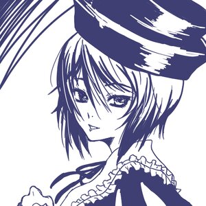Rating: Safe Score: 0 Tags: 1girl bangs blue_theme blush eyebrows_visible_through_hair frills from_side hat image looking_at_viewer monochrome portrait ribbon short_hair smile solo souseiseki User: admin