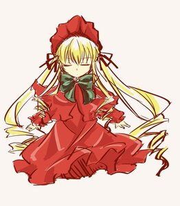 Rating: Safe Score: 0 Tags: 1girl blonde_hair bonnet bow bowtie closed_eyes dress full_body green_neckwear image long_hair long_sleeves red_dress shinku simple_background solo standing twintails very_long_hair User: admin