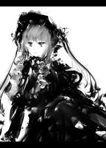 Rating: Safe Score: 0 Tags: 1girl closed_mouth dress frills greyscale hairband image lolita_fashion long_hair long_sleeves monochrome shinku smile solo twintails white_background User: admin