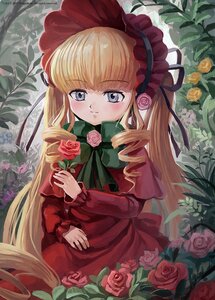 Rating: Safe Score: 0 Tags: 1girl blonde_hair blue_eyes bonnet bow bowtie dress drill_hair flower green_bow image long_hair long_sleeves looking_at_viewer pink_flower pink_rose plant red_capelet red_dress red_flower red_rose rose shinku solo thorns vines User: admin
