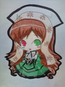 Rating: Safe Score: 0 Tags: 1girl blush_stickers chibi dress full_body green_eyes heterochromia image long_hair long_sleeves open_mouth red_eyes simple_background solo suiseiseki traditional_media very_long_hair User: admin