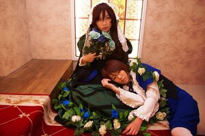 Rating: Safe Score: 0 Tags: blue_flower brown_hair closed_eyes dress flower lap_pillow long_hair lying multiple_cosplay rose sleeping tagme User: admin