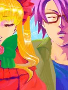 Rating: Safe Score: 0 Tags: 1boy 1girl blonde_hair bow closed_eyes flower glasses hair_ribbon image long_hair purple_hair red_flower rose shinku solo User: admin