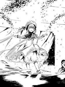 Rating: Safe Score: 0 Tags: 1girl air_bubble apron closed_eyes dress frills greyscale image long_hair long_sleeves monochrome open_mouth shinku solo splashing standing User: admin