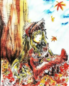 Rating: Safe Score: 0 Tags: 1girl autumn autumn_leaves blonde_hair bug butterfly dragonfly falling_leaves hat image insect leaf long_sleeves maple_leaf marker_(medium) shinku solo traditional_media User: admin