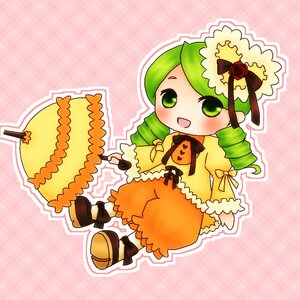Rating: Safe Score: 0 Tags: 1girl auto_tagged bow drill_hair food fork full_body green_eyes green_hair hat image kanaria open_mouth outline plaid plaid_background smile solo umbrella User: admin