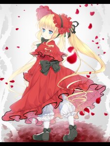 Rating: Safe Score: 0 Tags: 1girl blonde_hair bloomers blue_eyes bonnet bow capelet dress flower image letterboxed long_hair long_sleeves looking_at_viewer looking_back petals red_dress rose rose_petals shinku solo twintails underwear very_long_hair User: admin