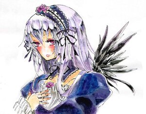 Rating: Safe Score: 0 Tags: 1girl black_wings blush detached_collar dress flower frills hairband image long_hair long_sleeves looking_at_viewer pink_eyes puffy_sleeves rose simple_background solo suigintou traditional_media upper_body white_background wings User: admin