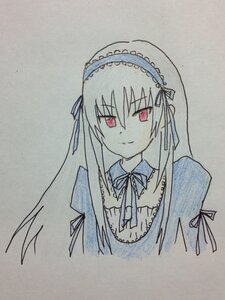 Rating: Safe Score: 0 Tags: 1girl closed_mouth eyebrows_visible_through_hair frills hairband image long_hair long_sleeves looking_at_viewer neck_ribbon red_eyes ribbon simple_background smile solo suigintou traditional_media upper_body User: admin