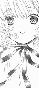 Rating: Safe Score: 0 Tags: 1girl bangs blush eyebrows_visible_through_hair greyscale hinaichigo image looking_at_viewer monochrome neck_ribbon ribbon smile solo white_background User: admin