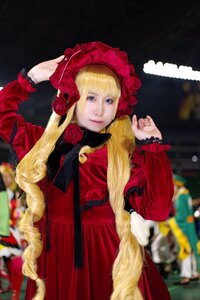 Rating: Safe Score: 0 Tags: 1girl bangs blonde_hair blue_eyes blurry blurry_background bonnet depth_of_field dress flower long_hair long_sleeves photo red_dress rose shinku solo very_long_hair User: admin