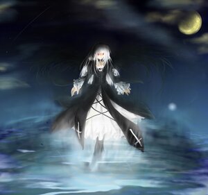 Rating: Safe Score: 0 Tags: 1girl black_wings cloud crescent_moon dress full_moon image long_hair moon night night_sky red_eyes sky solo star_(sky) starry_sky suigintou water white_hair wings User: admin