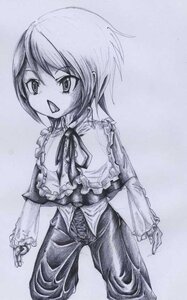 Rating: Safe Score: 0 Tags: 1girl :d frills greyscale image long_sleeves monochrome open_mouth short_hair smile solo souseiseki standing traditional_media User: admin