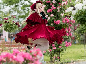 Rating: Safe Score: 0 Tags: 1girl blonde_hair blurry blurry_foreground bonnet bow capelet depth_of_field dress flower garden long_hair long_sleeves outdoors pantyhose pink_flower red_capelet red_dress ribbon shinku solo User: admin