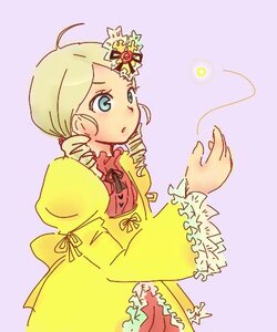 Rating: Safe Score: 0 Tags: 1girl :o ahoge blonde_hair blue_eyes bow dress drill_hair frilled_sleeves frills image kanaria long_sleeves puffy_sleeves purple_background ribbon simple_background solo twin_drills upper_body yellow_dress User: admin