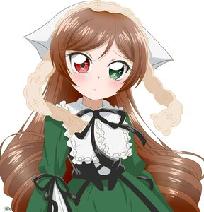 Rating: Safe Score: 0 Tags: 1girl bangs black_ribbon blush brown_hair dress drill_hair eyebrows_visible_through_hair frills green_dress green_eyes heterochromia image long_hair long_sleeves looking_at_viewer neck_ribbon red_eyes ribbon solo striped suiseiseki upper_body vertical_stripes very_long_hair white_background User: admin