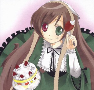 Rating: Safe Score: 0 Tags: 1girl brown_hair cake cherry dress food fork frills fruit green_dress green_eyes head_scarf heterochromia holding holding_fork image long_hair long_sleeves looking_at_viewer pastry red_eyes smile solo strawberry suiseiseki very_long_hair User: admin