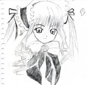 Rating: Safe Score: 0 Tags: 1girl bonnet bowtie dress flower greyscale image long_hair looking_at_viewer monochrome rose shinku simple_background smile solo traditional_media upper_body User: admin