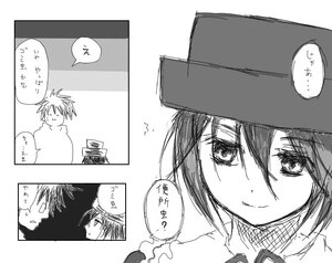 Rating: Safe Score: 0 Tags: 1boy 1girl comic greyscale hair_between_eyes hat image monochrome short_hair smile solo souseiseki User: admin