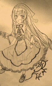 Rating: Safe Score: 0 Tags: 1girl :d bangs blush braid brown_background dress eyebrows_visible_through_hair full_body hair_between_eyes image long_hair long_sleeves monochrome open_mouth smile solo standing suiseiseki traditional_media very_long_hair User: admin