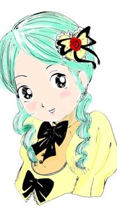 Rating: Safe Score: 0 Tags: 1girl aqua_hair black_bow black_eyes black_neckwear blush bow bowtie flower hair_flower hair_ornament image kanaria looking_at_viewer simple_background smile solo striped upper_body white_background User: admin