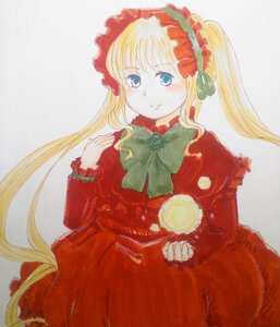 Rating: Safe Score: 0 Tags: 1girl blonde_hair blue_eyes blush bonnet bow bowtie capelet cowboy_shot dress green_bow green_neckwear image long_hair long_sleeves looking_at_viewer red_capelet red_dress shinku sidelocks simple_background smile solo traditional_media twintails very_long_hair User: admin