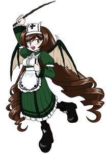 Rating: Safe Score: 0 Tags: 1girl apron bat_wings black_footwear boots brown_eyes brown_hair demon_wings dress drill_hair frills full_body green_dress image long_hair long_sleeves open_mouth solo striped suiseiseki twintails very_long_hair white_background wings User: admin