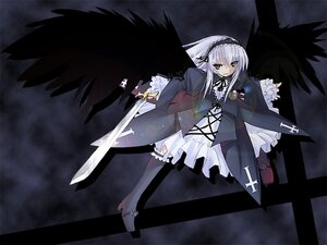 Rating: Safe Score: 0 Tags: 1girl auto_tagged black_wings boots dress flower frills full_body hairband holding holding_weapon image long_hair long_sleeves looking_at_viewer photoshop_(medium) red_eyes ribbon rose rozen_maiden silver_hair solo standing suigintou sword weapon wings yuuki_eishi User: admin
