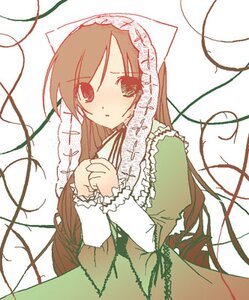 Rating: Safe Score: 0 Tags: 1girl apron blush brown_hair dress frills green_dress green_eyes image long_hair long_sleeves looking_at_viewer plant simple_background solo suiseiseki very_long_hair vines white_background User: admin