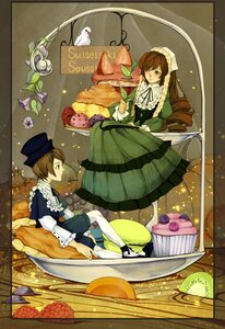 Rating: Safe Score: 0 Tags: brown_hair dress drill_hair food fruit green_dress green_eyes hat image long_hair multiple_girls pair short_hair souseiseki suiseiseki twins User: admin