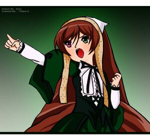 Rating: Safe Score: 0 Tags: 1girl brown_hair dress green_background green_dress green_eyes heterochromia image long_sleeves open_mouth pointing red_eyes ribbon solo suiseiseki User: admin