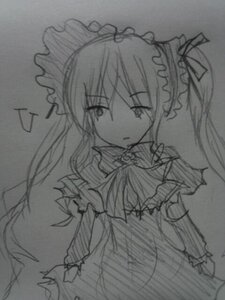 Rating: Safe Score: 0 Tags: 1girl dress frills greyscale image long_hair long_sleeves monochrome shinku sketch solo traditional_media twintails User: admin