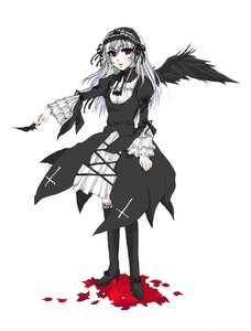 Rating: Safe Score: 0 Tags: 1girl black_wings cross-laced_clothes dress feathers flower frills full_body hairband image long_hair long_sleeves looking_at_viewer petals red_eyes ribbon rose silver_hair solo standing suigintou white_background wings User: admin