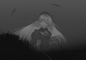 Rating: Safe Score: 0 Tags: 1girl dress feathers frills hairband image long_hair long_sleeves looking_at_viewer monochrome ribbon solo suigintou very_long_hair wings User: admin