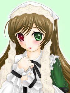 Rating: Safe Score: 0 Tags: 1girl blush brown_hair dress frills green_background green_eyes head_scarf heterochromia image long_hair long_sleeves looking_at_viewer red_eyes simple_background solo suiseiseki upper_body User: admin