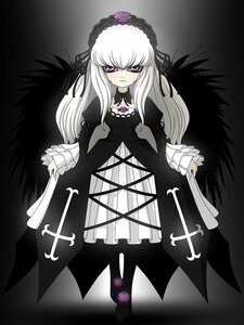 Rating: Safe Score: 0 Tags: 1girl black_wings dress flower frills hairband image long_hair long_sleeves looking_at_viewer pink_eyes rose solo standing suigintou wings User: admin