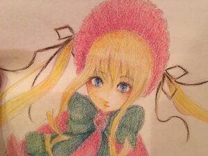 Rating: Safe Score: 0 Tags: 1girl bangs blonde_hair blue_eyes bonnet eyebrows_visible_through_hair flower image long_hair looking_at_viewer portrait shinku simple_background solo traditional_media User: admin