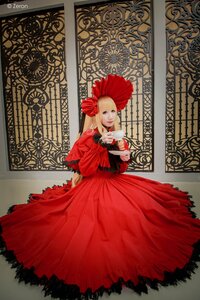 Rating: Safe Score: 0 Tags: 1girl blonde_hair blue_eyes bonnet bow dress flower looking_at_viewer red_dress shinku solo User: admin