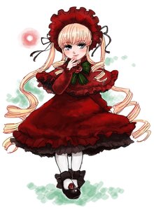 Rating: Safe Score: 0 Tags: 1girl blonde_hair blue_eyes blush bonnet bow bowtie capelet dress drill_hair full_body green_bow image long_hair long_sleeves looking_at_viewer red_dress shinku shoes solo standing twin_drills twintails very_long_hair white_legwear User: admin