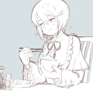 Rating: Safe Score: 0 Tags: 1girl :t blue_background blush chopsticks closed_mouth eating food frills holding image long_sleeves monochrome neck_ribbon shiroinu simple_background sketch solo souseiseki upper_body User: admin