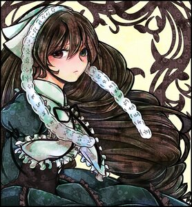 Rating: Safe Score: 0 Tags: 1girl blush brown_hair dress head_scarf image long_hair looking_at_viewer red_eyes solo suiseiseki traditional_media User: admin