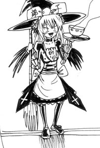 Rating: Safe Score: 0 Tags: 1girl >_< apron closed_eyes cup fang greyscale hat image kirisame_marisa long_hair monochrome open_mouth smile solo standing suigintou wings witch_hat User: admin