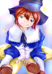 Rating: Safe Score: 0 Tags: blue_dress bow capelet dress green_eyes hat heterochromia image long_sleeves looking_at_viewer pantyhose red_eyes red_hair ribbon short_hair sitting smile solo souseiseki star_(symbol) starry_background User: admin