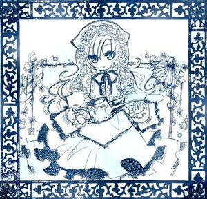 Rating: Safe Score: 0 Tags: 1girl animal_ears blue_theme border braid dress flower holding image long_hair long_sleeves looking_at_viewer monochrome ribbon rose simple_background solo souseiseki traditional_media very_long_hair white_background User: admin
