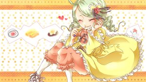 Rating: Safe Score: 0 Tags: 1girl blush card closed_eyes dress drill_hair flower food frills green_hair hair_ornament halftone halftone_background heart image kanaria polka_dot polka_dot_background rose smile solo twin_drills white_legwear User: admin